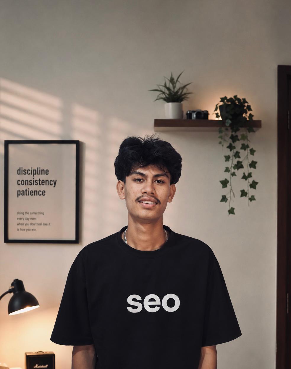 Aayush Shrestha, SEO specialist, wearing a black SEO t-shirt in a professional workspace.