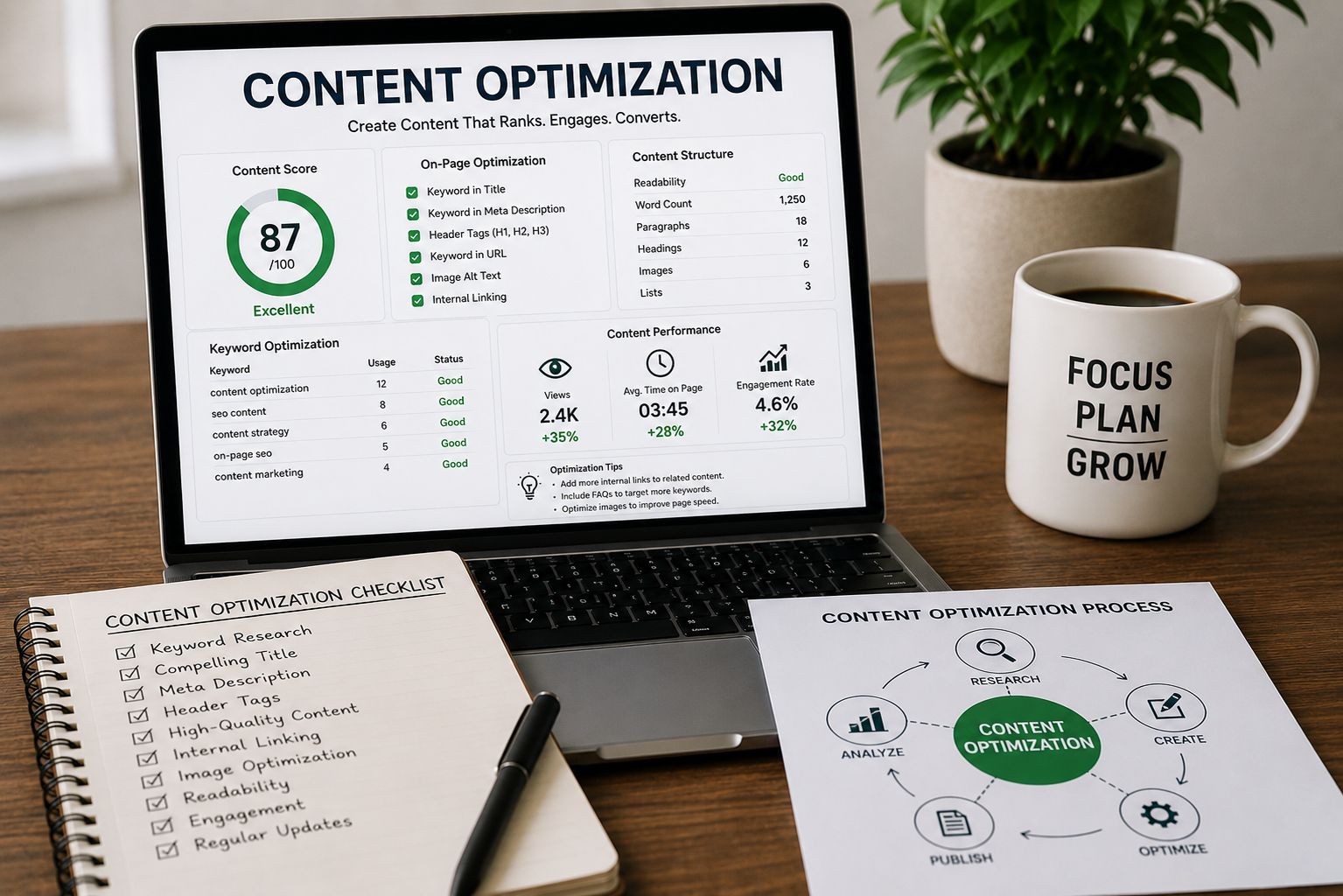 Professional workspace featuring a content optimization dashboard with keyword analysis, readability metrics, and SEO content planning.
