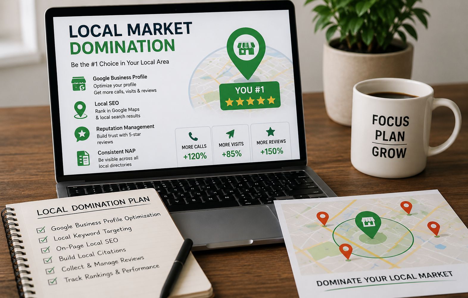 Modern desk setup displaying a local SEO and market domination dashboard with maps, rankings, and a business growth strategy.
