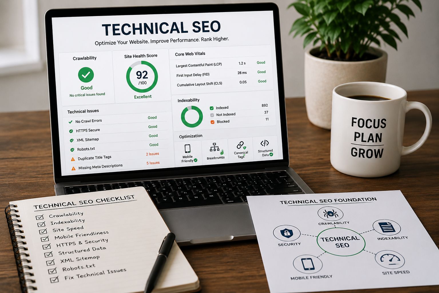 Laptop displaying a technical SEO dashboard with site health, Core Web Vitals, crawlability, and optimization checklist.